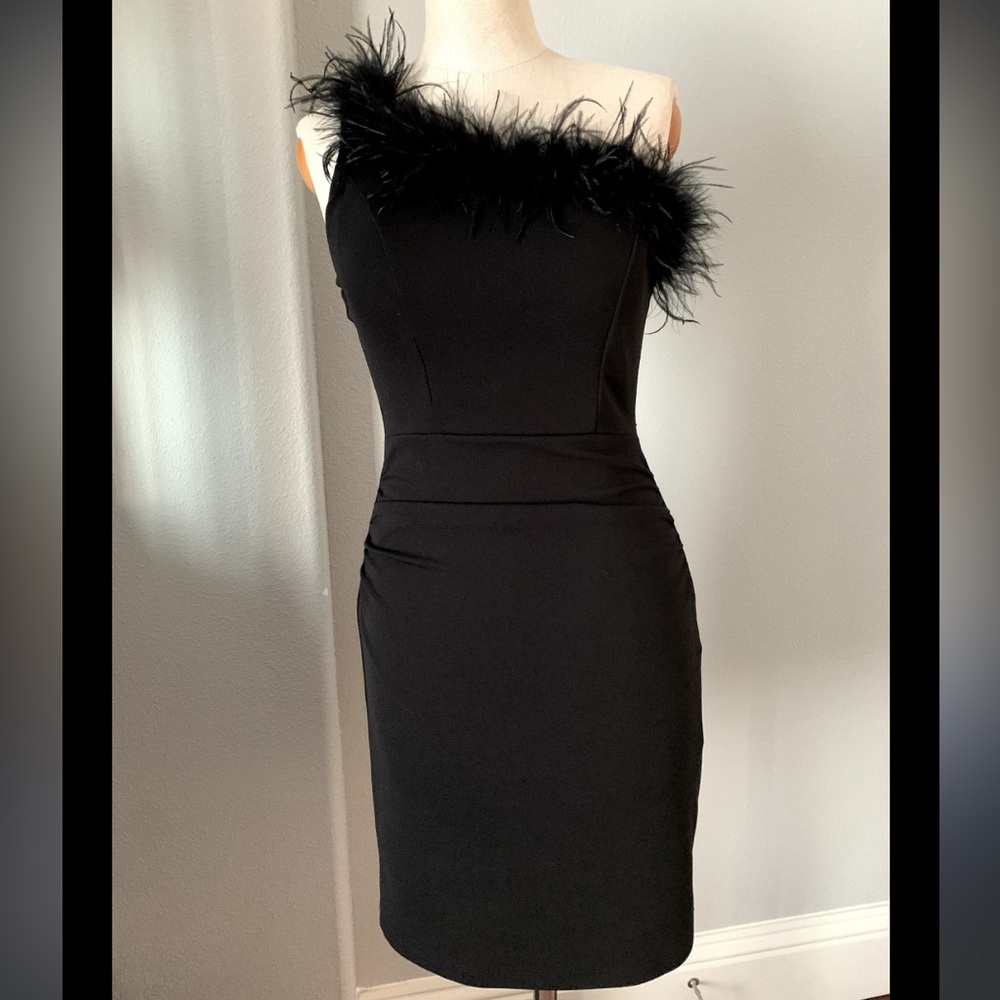 Emerald Sundae Black Feather One Shoulder Mini Dress